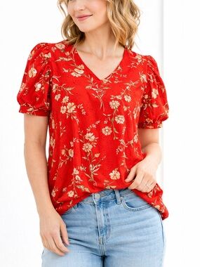 Cato Red Floral Eyelet Puff Sleeve Blouse Size 14/16W NWT cottagecore Summer